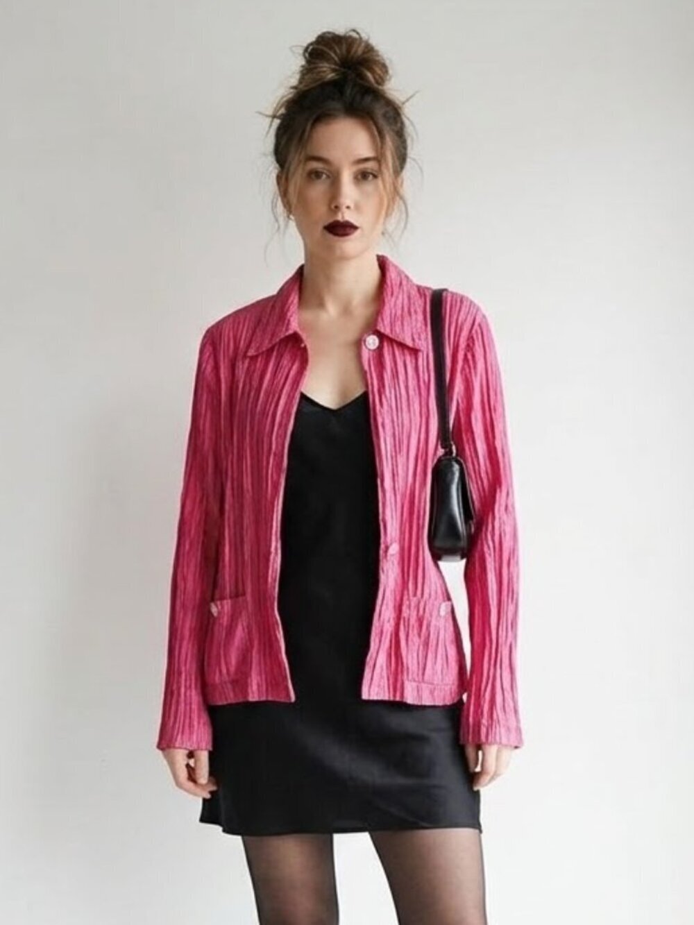 Vintage Iridescent Pink Crinkle Jacket NYC Art Girl Statement Layer XL